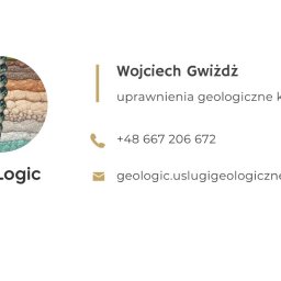 Wojciech Gwiżdż - Wizytówka firmy: Wojciech Gwiżdż, uprawnienia geologiczne kat. VII, numer telefonu i adres e-mail, logo z przekrojem warstw ziemi i wiertłem.
