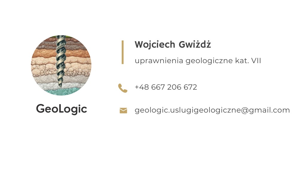 Wizytówka firmy: Wojciech Gwiżdż, uprawnienia geologiczne kat. VII, numer telefonu i adres e-mail, logo z przekrojem warstw ziemi i wiertłem.