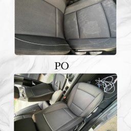 Crystal Clean - Porównanie fotela samochodowego przed i po czyszczeniu: widoczne plamy i zabrudzenia na górnym zdjęciu, a czysty, odświeżony fotel na dolnym zdjęciu, z białym szwem dekoracyjnym.