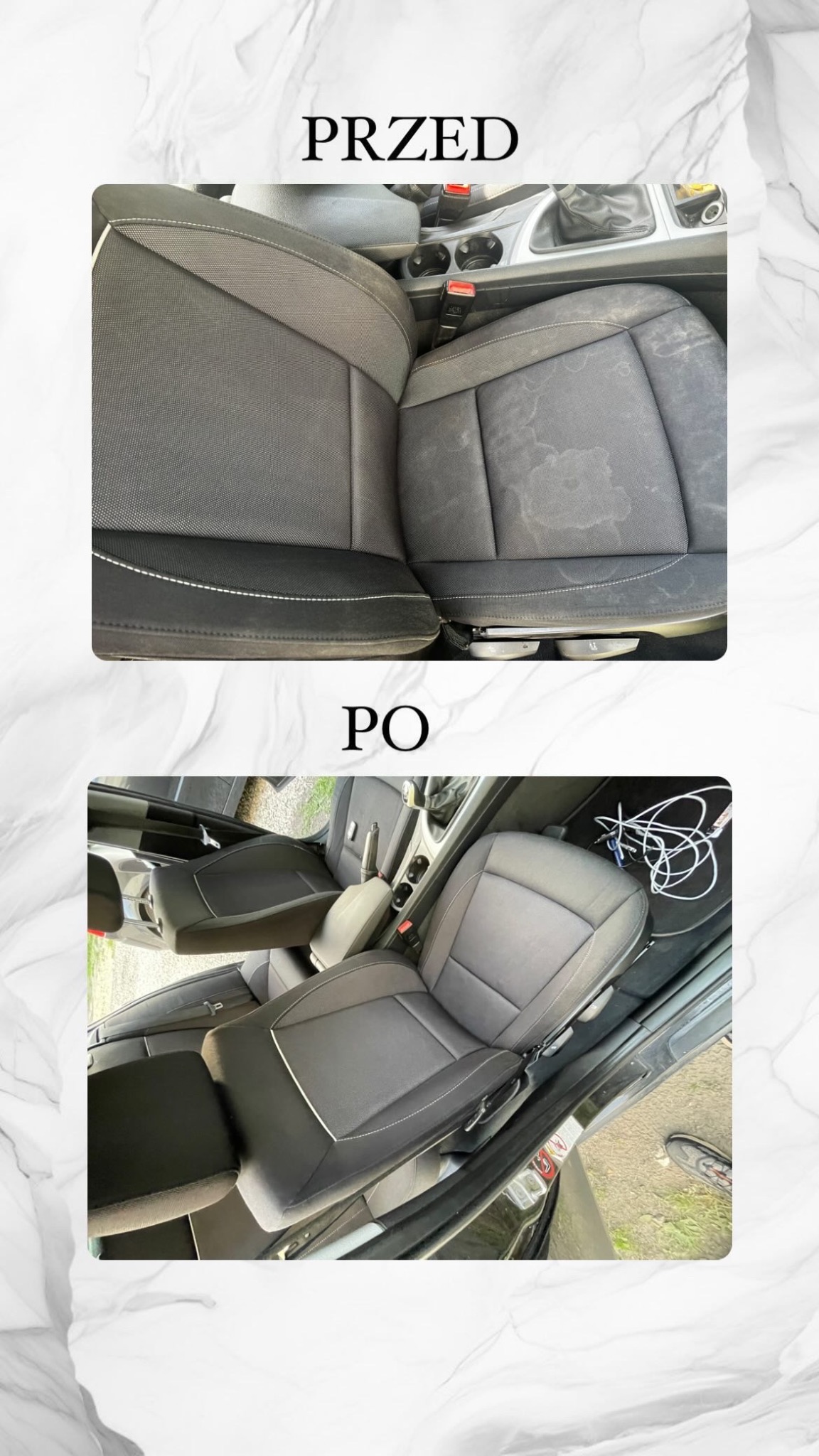Porównanie fotela samochodowego przed i po czyszczeniu: widoczne plamy i zabrudzenia na górnym zdjęciu, a czysty, odświeżony fotel na dolnym zdjęciu, z białym szwem dekoracyjnym.