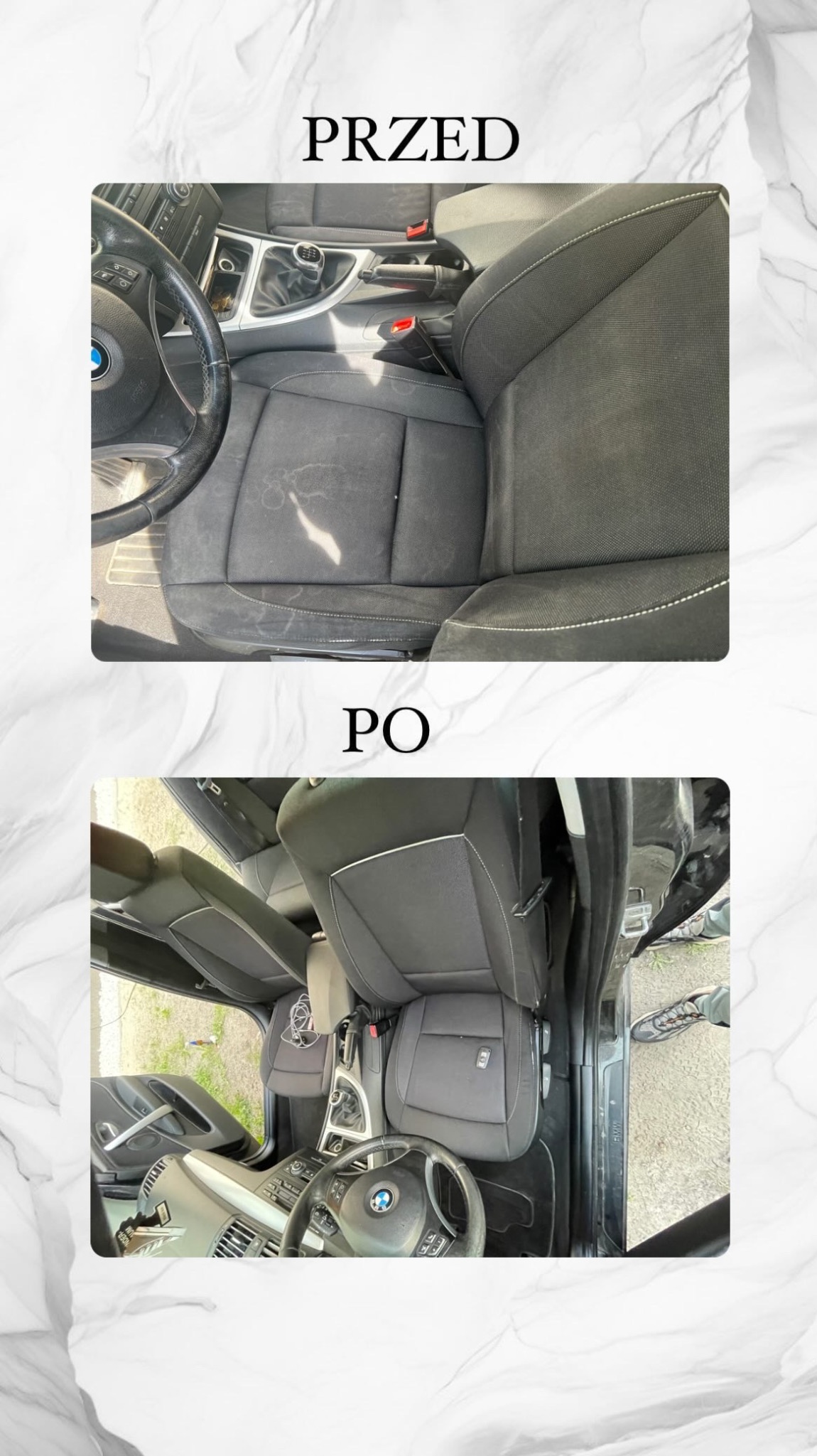 Czyszczenie fotela samochodowego: porównanie stanu przed, z widocznymi plamami i zabrudzeniami, oraz po, z odświeżonym i czystym wyglądem tapicerki.
