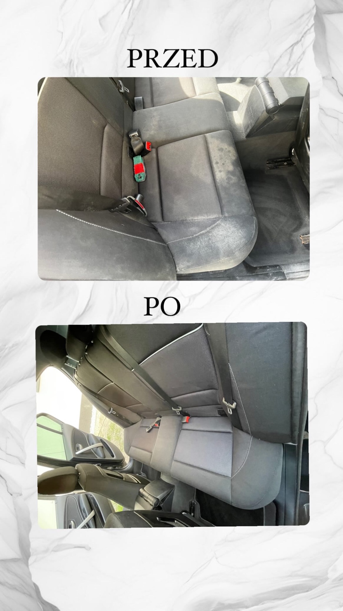 Porównanie tylnej kanapy samochodowej przed i po czyszczeniu, widoczne różnice w czystości tapicerki i odświeżony wygląd.