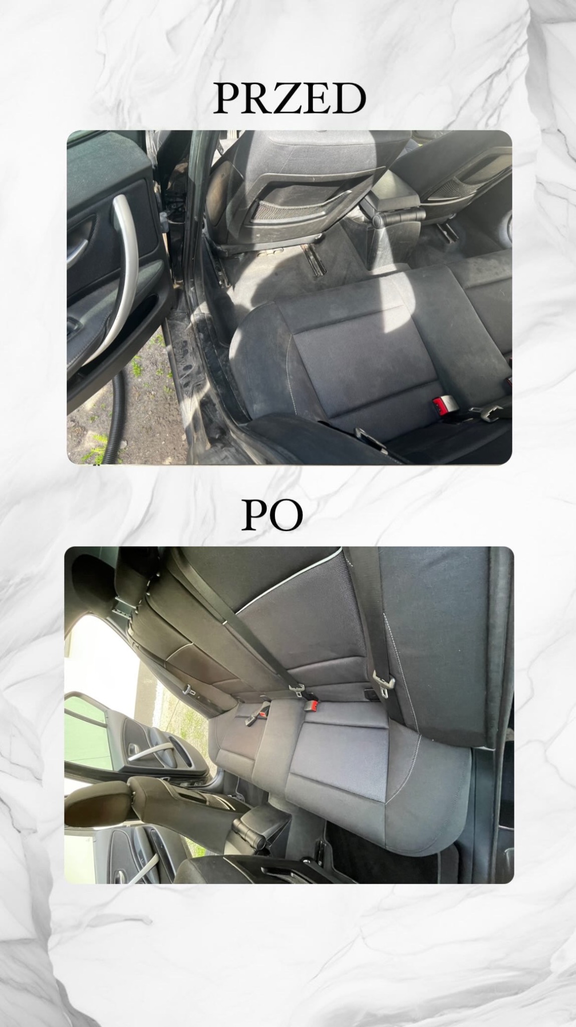 Porównanie wnętrza samochodu przed i po czyszczeniu: widoczne różnice w czystości tapicerki siedzeń, z naciskiem na usunięcie zabrudzeń i odświeżenie koloru. Zdjęcie prezentuje efekt końcowy usługi.