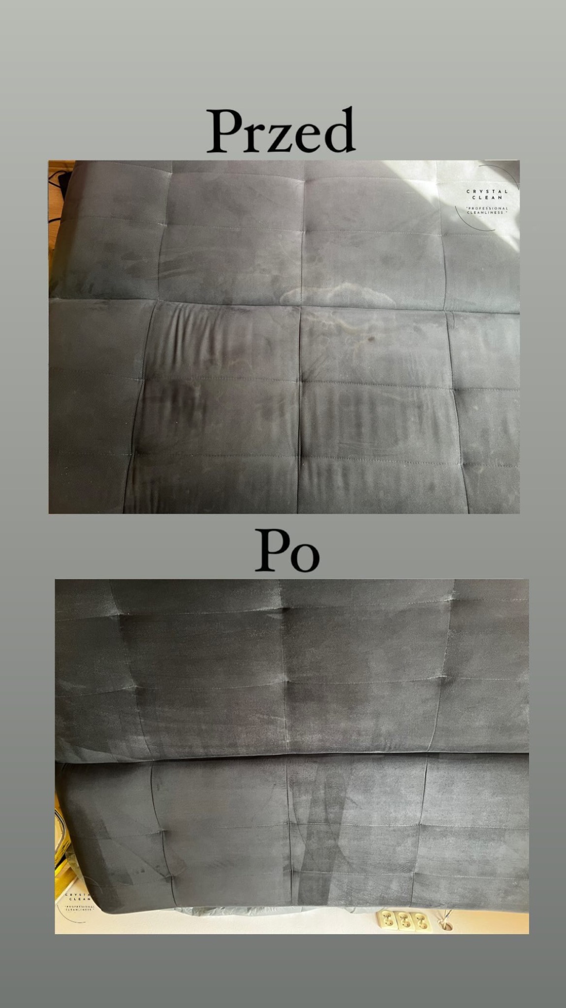 Porównanie stanu sofy z szarej tkaniny przed i po czyszczeniu, widoczne plamy i zabrudzenia usunięte, poprawa wyglądu.