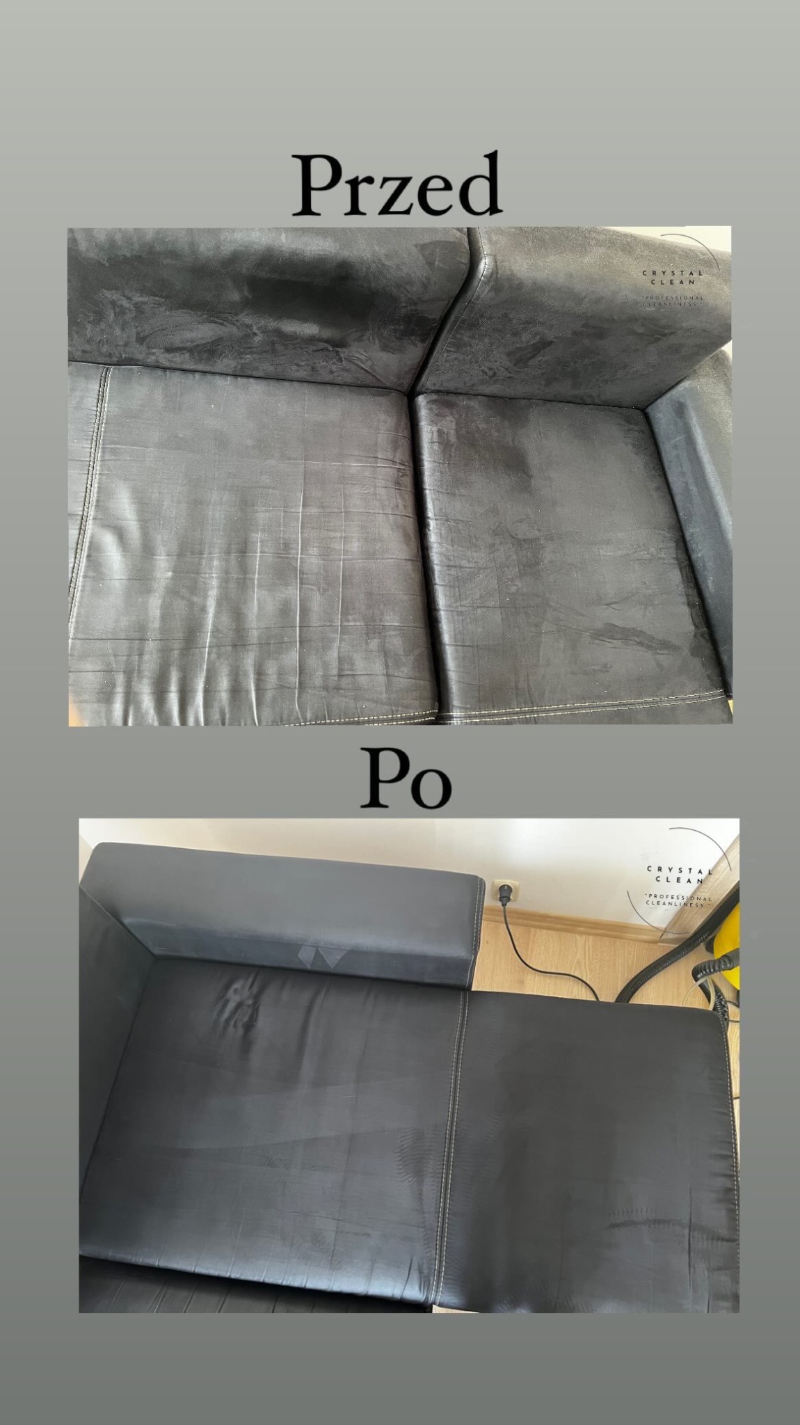 Zdjęcie 'Przed i Po' przedstawia czarną skórzaną kanapę z wyraźnymi śladami użytkowania przed czyszczeniem i odświeżoną, czystą powierzchnią po praniu tapicerki. Na zdjęciu 'Po' widoczny fragment...