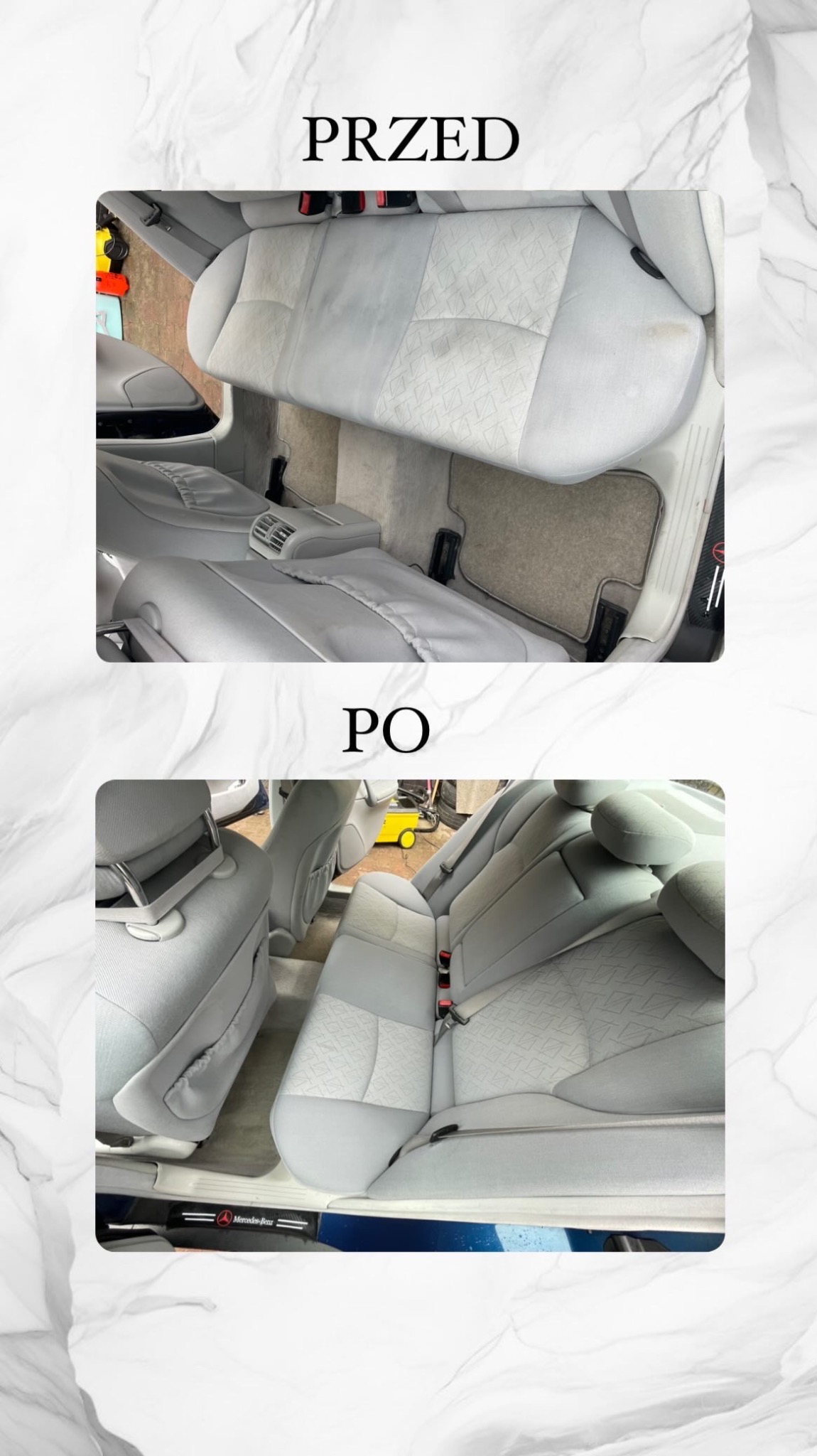 Porównanie tylnej kanapy Mercedes-Benz przed i po czyszczeniu, widoczne różnice w jasności i czystości tapicerki.