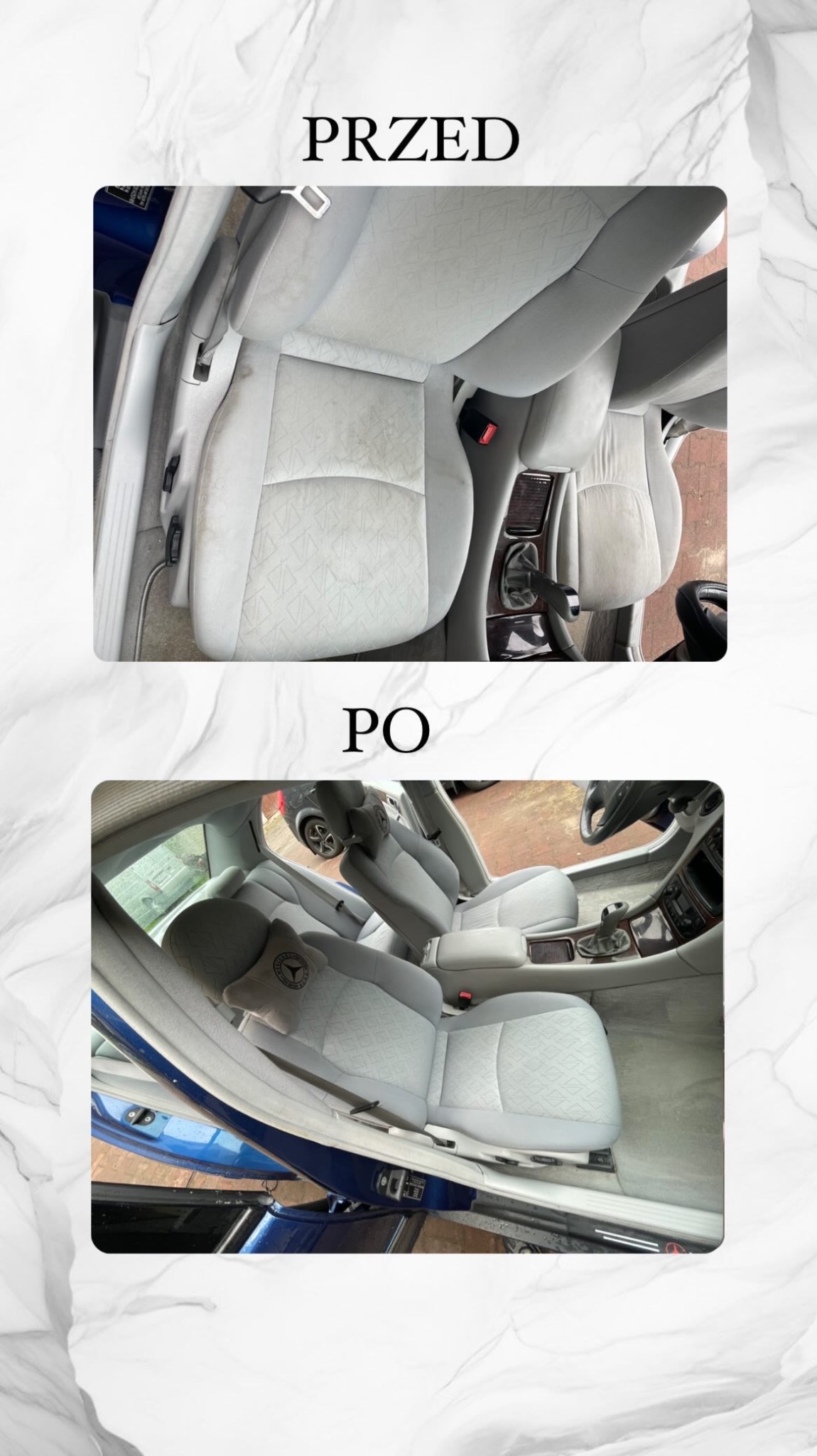 Porównanie foteli samochodowych przed i po czyszczeniu, widoczne różnice w zabrudzeniach i ogólnym wyglądzie tapicerki, z poduszką Mercedes na siedzeniu po czyszczeniu.