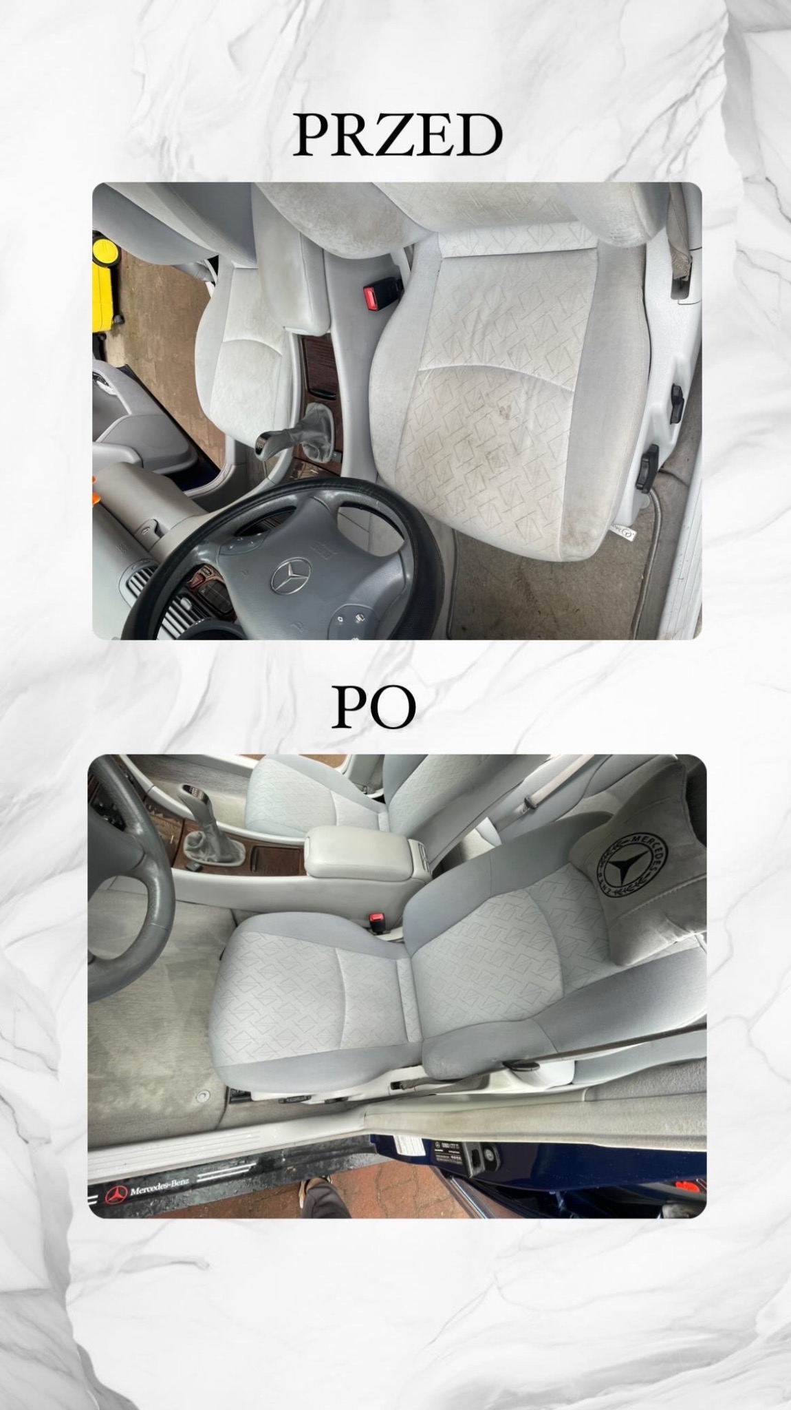 Porównanie fotela samochodowego Mercedes-Benz przed i po czyszczeniu: widoczne usunięte plamy i odświeżona tapicerka, z dodatkową poduszką z logo Mercedes-Benz.
