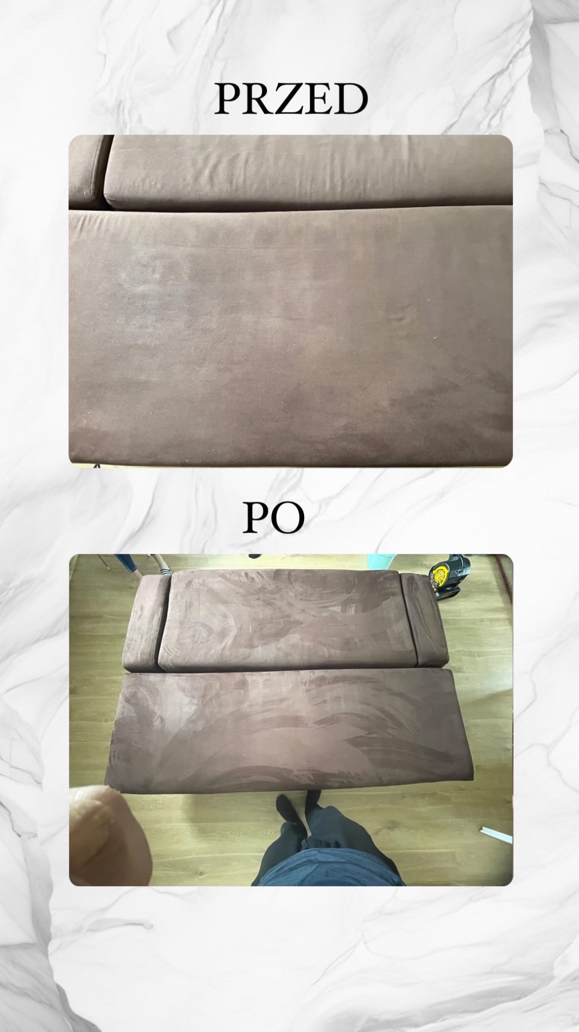 Sofa w odcieniach brązu, ujęcie przed i po czyszczeniu, z widoczną różnicą w świeżości i jednolitości koloru tapicerki, na podłodze z paneli.