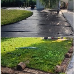 Zielony Kącik - Dwa ujęcia: górne przedstawia przygotowanie terenu pod trawnik z rozłożoną czarną agrowłókniną, dolne ukazuje fragment trawnika z odkopanym pasem ziemi i rolkami trawy obok, gotowymi do rozłożenia.