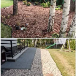 Dwa ujęcia ogrodu: g&oacute;rne przedstawia rabatę wysypaną korą wok&oacute;ł brz&oacute;z, z młodymi roślinami i podporą dla pnączy; dolne ukazuje ścieżkę z jasnych kamieni obok tarasu i trawnika z placem zabaw w tle.