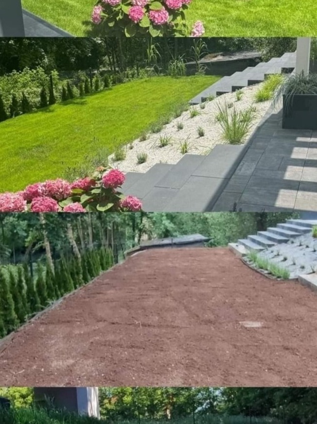 Trzy kadry ogrodu: kwitnące hortensje, trawnik z kamiennymi schodami i przygotowana ziemia pod zasiew, otoczone zielenią.