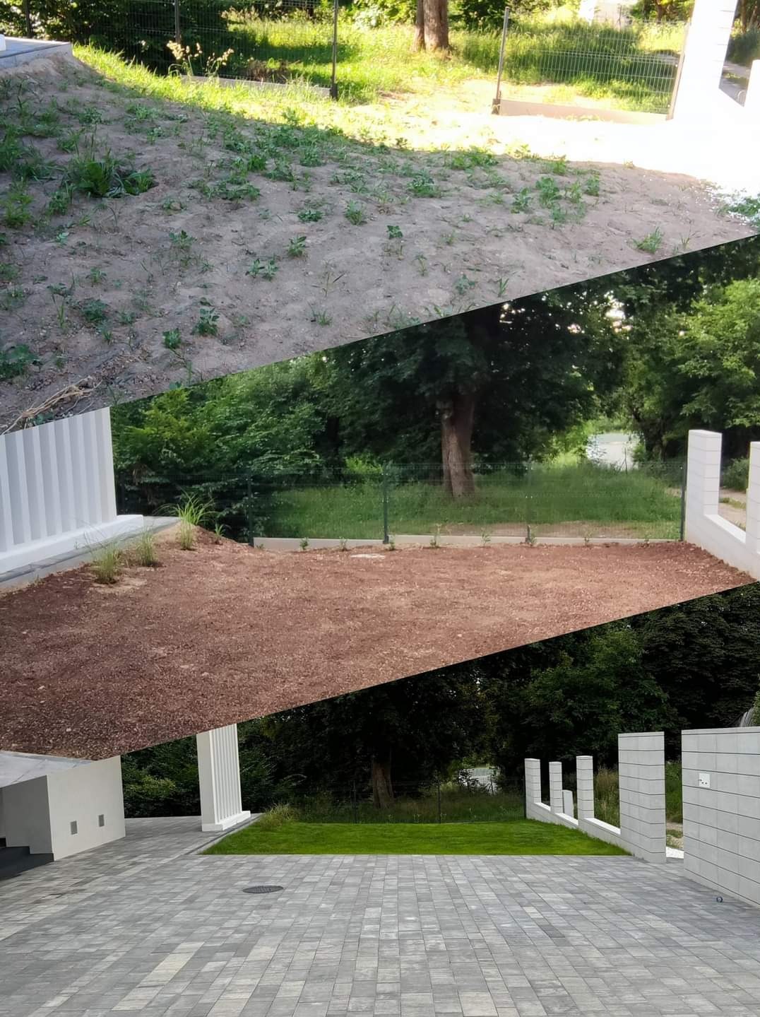 Fotografia przedstawia trzy etapy przygotowania terenu pod ogród: ziemia porośnięta chwastami, wyrównany teren pokryty czerwoną ziemią oraz gotowy trawnik z kostką brukową.