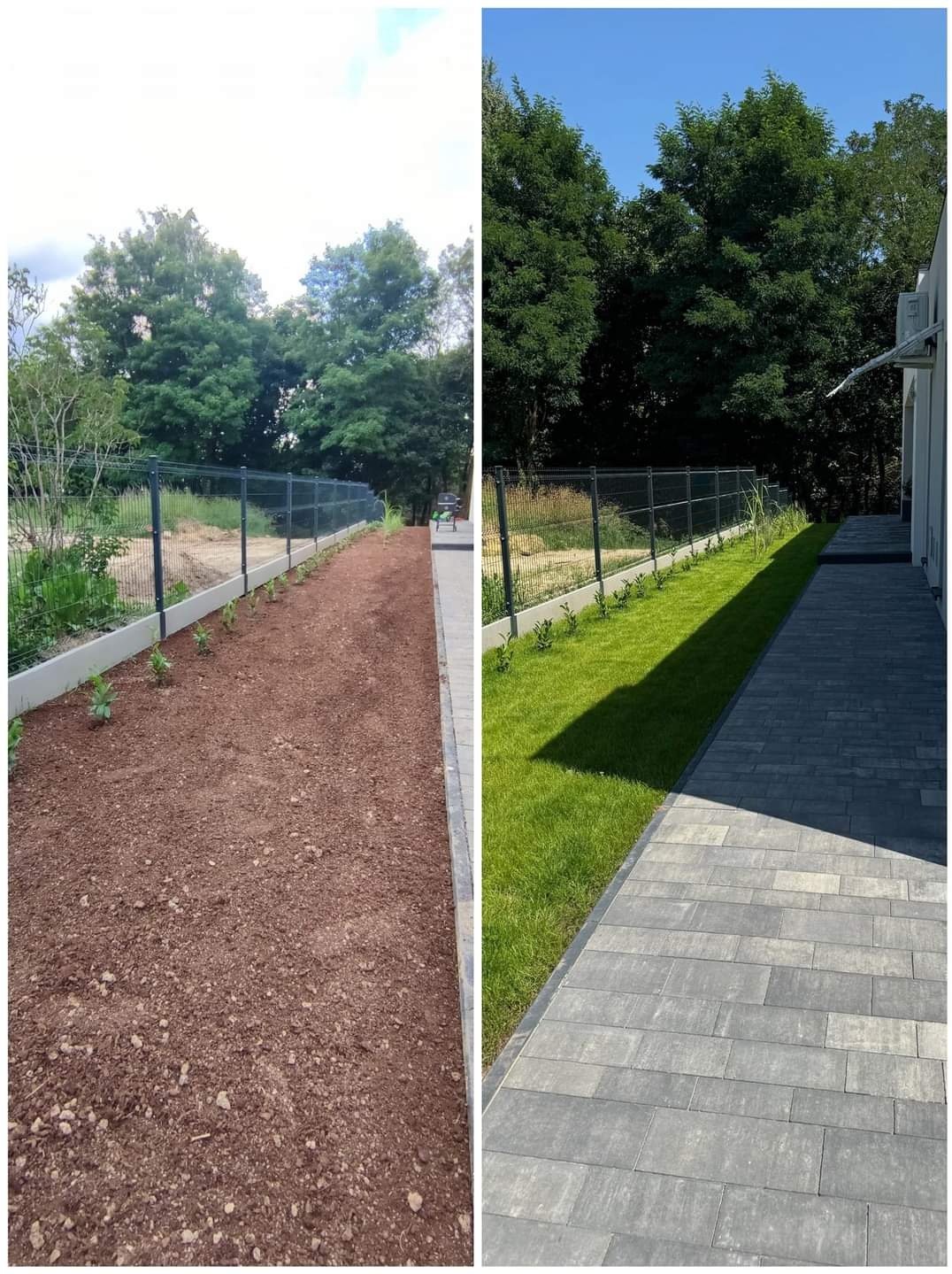 Porównanie stanu przed i po: świeżo przygotowana ziemia pod nasadzenia z młodymi sadzonkami po lewej stronie, a po prawej stronie równo przystrzyżony trawnik i ułożona kostka brukowa wzdłuż...