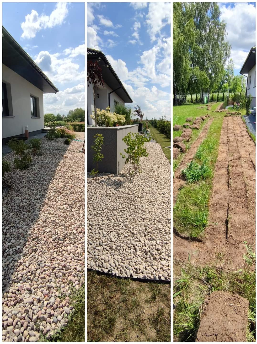 Widok na posesję z białymi kamieniami ozdobnymi, niskimi krzewami i nowo ułożonym trawnikiem w rolkach, przy nowoczesnym domu jednorodzinnym.