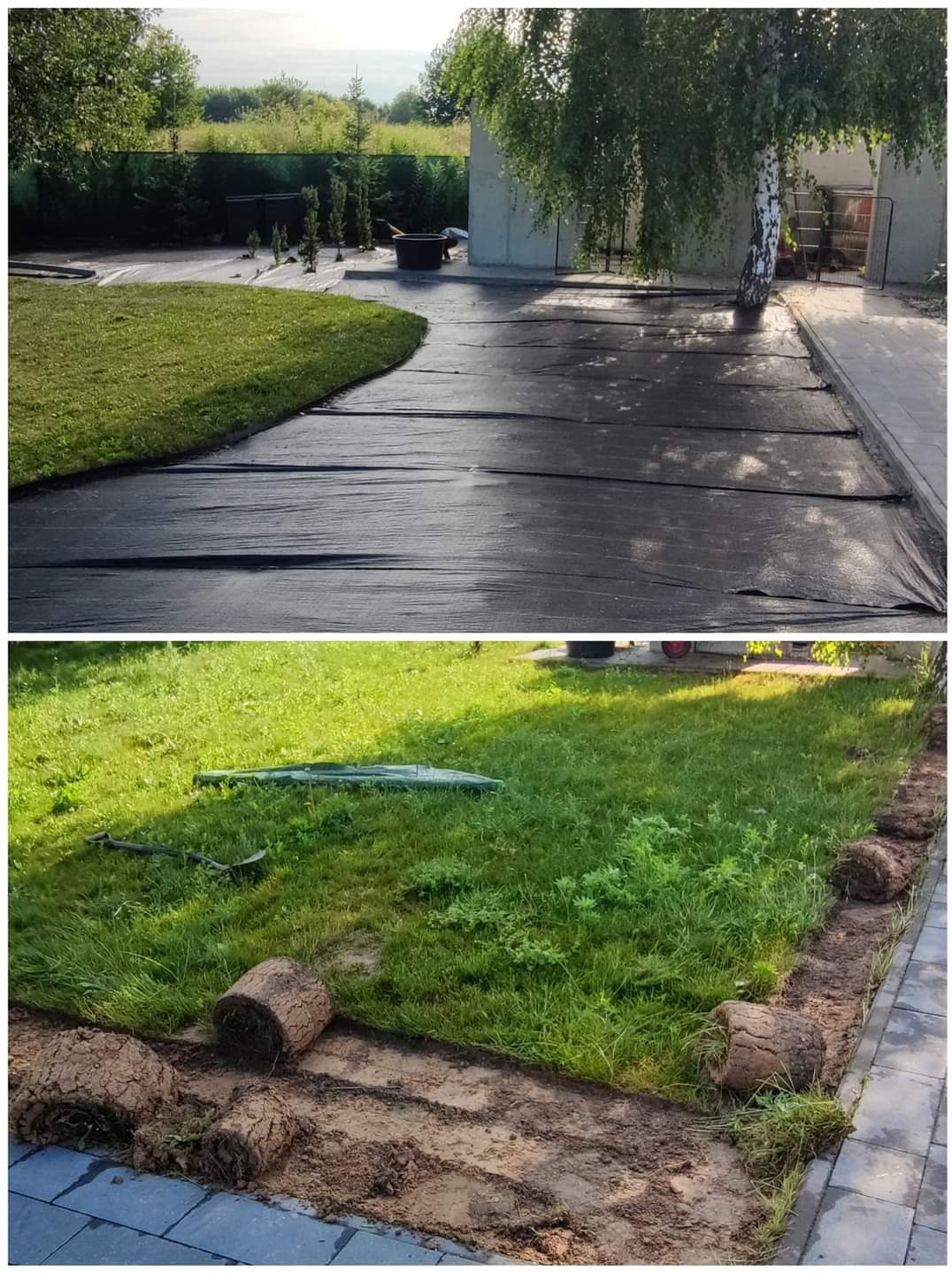 Dwa ujęcia: górne przedstawia przygotowanie terenu pod trawnik z rozłożoną czarną agrowłókniną, dolne ukazuje fragment trawnika z odkopanym pasem ziemi i rolkami trawy obok, gotowymi do rozłożenia.