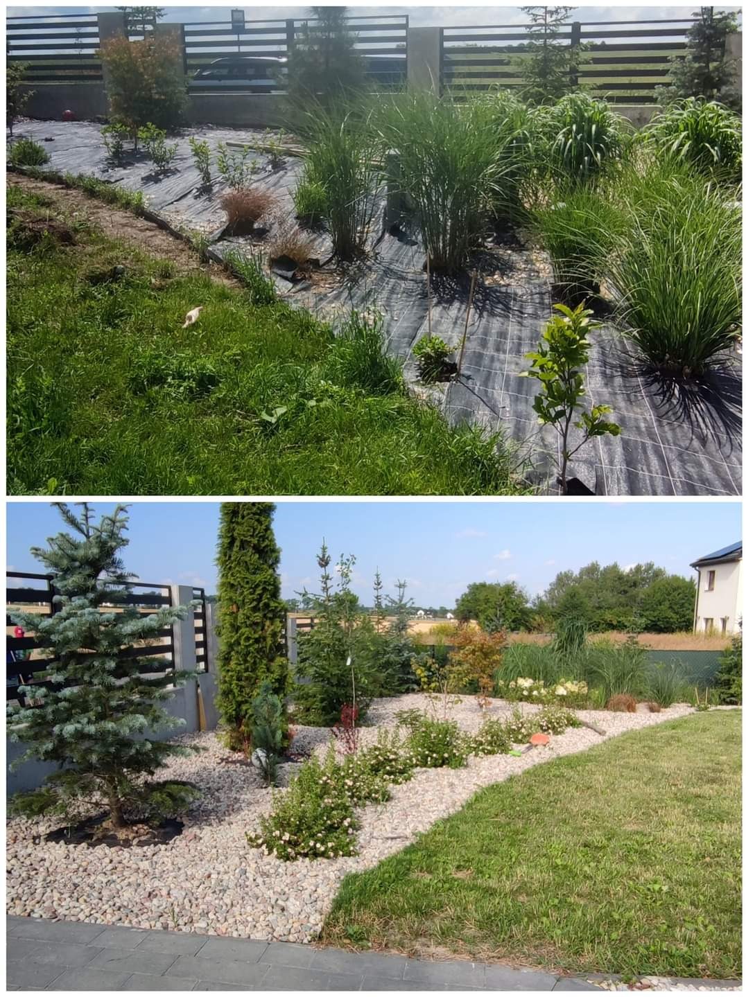 Porównanie etapu początkowego z ukończonym ogrodem: górne zdjęcie przedstawia teren przygotowany z czarną agrowłókniną i młodymi roślinami, dolne zdjęcie ukazuje zagospodarowany ogród z kamieniami,...