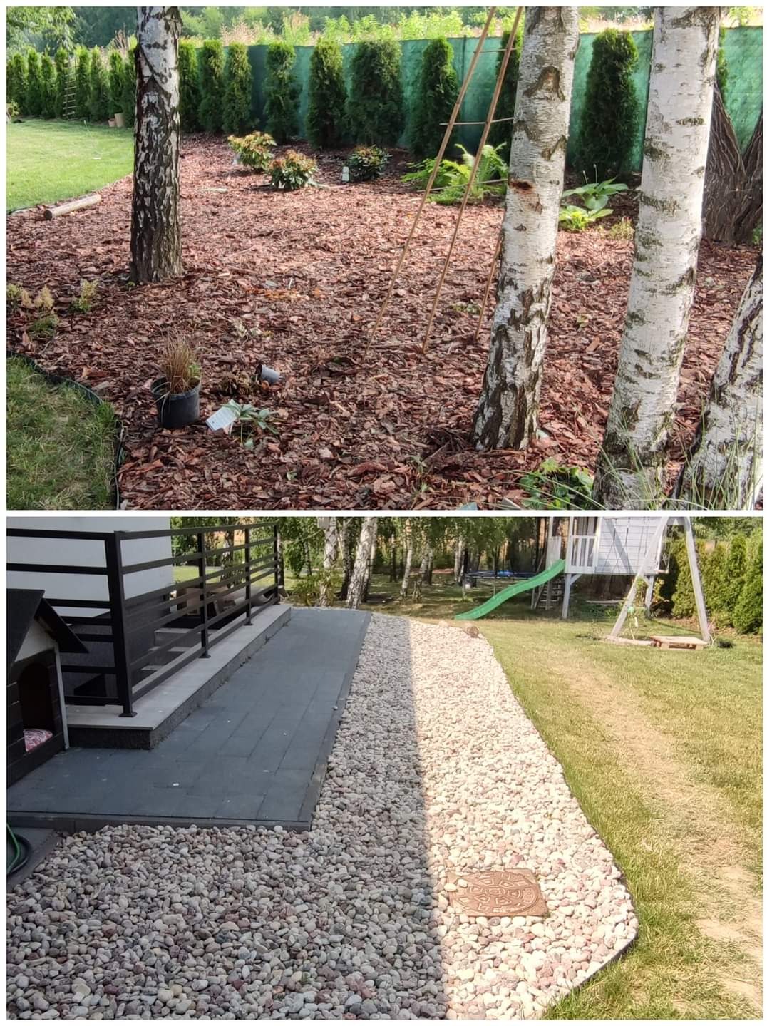 Dwa ujęcia ogrodu: górne przedstawia rabatę wysypaną korą wokół brzóz, z młodymi roślinami i podporą dla pnączy; dolne ukazuje ścieżkę z jasnych kamieni obok tarasu i trawnika z placem zabaw w tle.