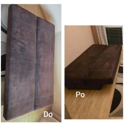 KlinOl - Porównanie stanu sofy z brązową tapicerką przed i po czyszczeniu, widoczne różnice w odcieniu i plamach.