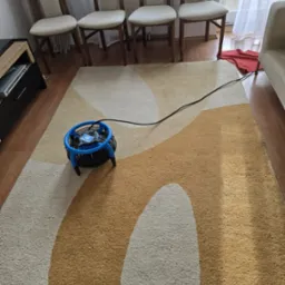 Wentylator osuszający DRI-POD stoi na beżowo-białym dywanie z geometrycznym wzorem, otoczonym przez cztery drewniane krzesła z jasnymi siedziskami, fragment sofy i szafki RTV.