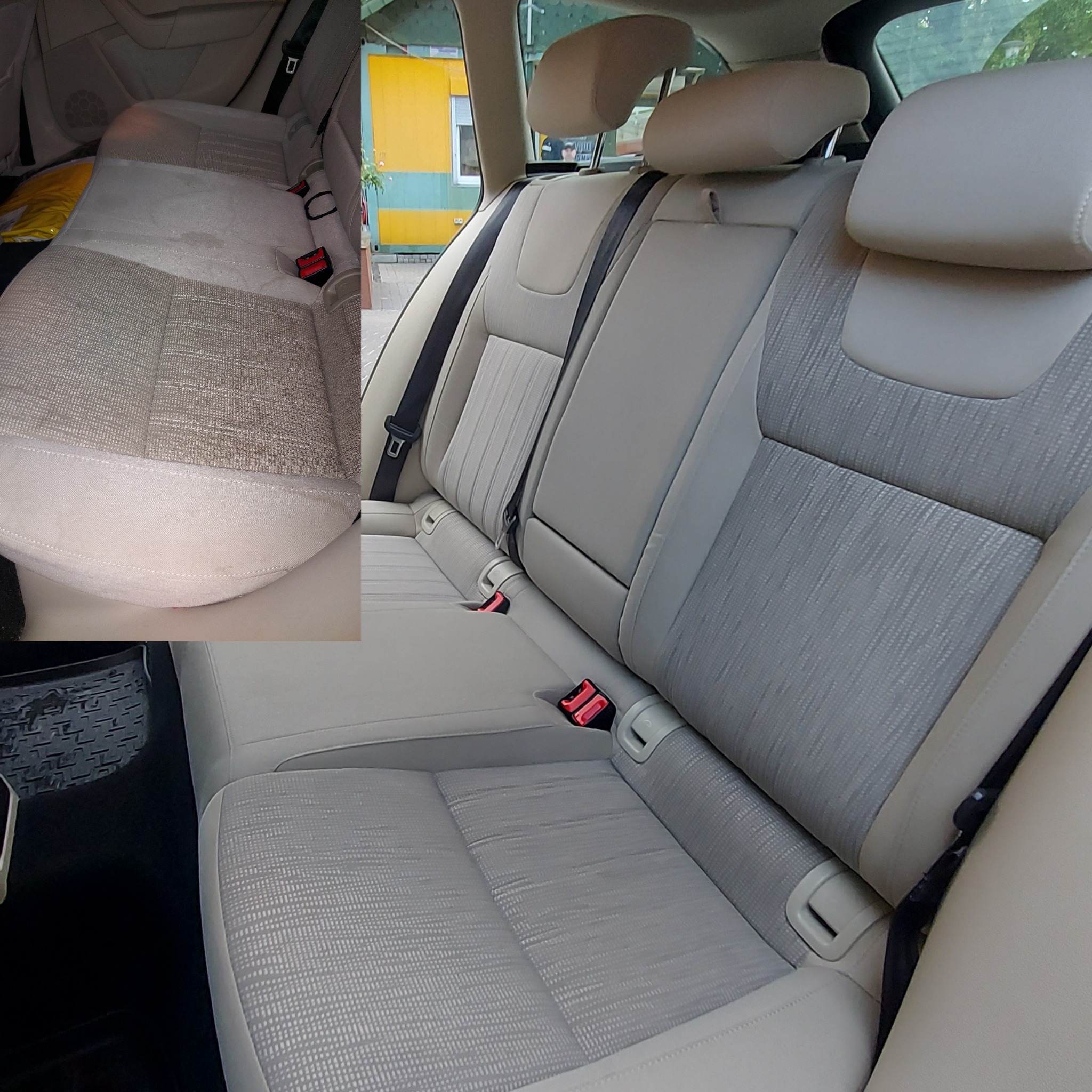 Porównanie: tylna kanapa samochodu przed i po czyszczeniu. Widoczne różnice w odcieniu i czystości tapicerki.
