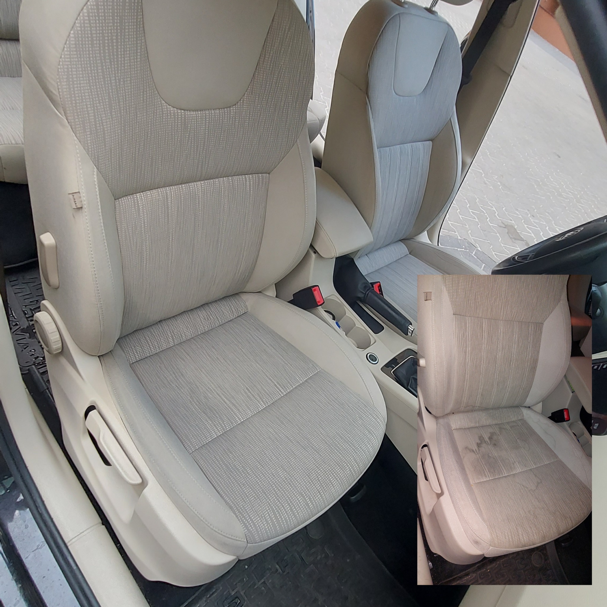 Beżowe fotele samochodowe z tapicerką w drobną kratkę, po lewej czysty, po prawej wstawka pokazująca fotel przed praniem z widocznymi plamami.