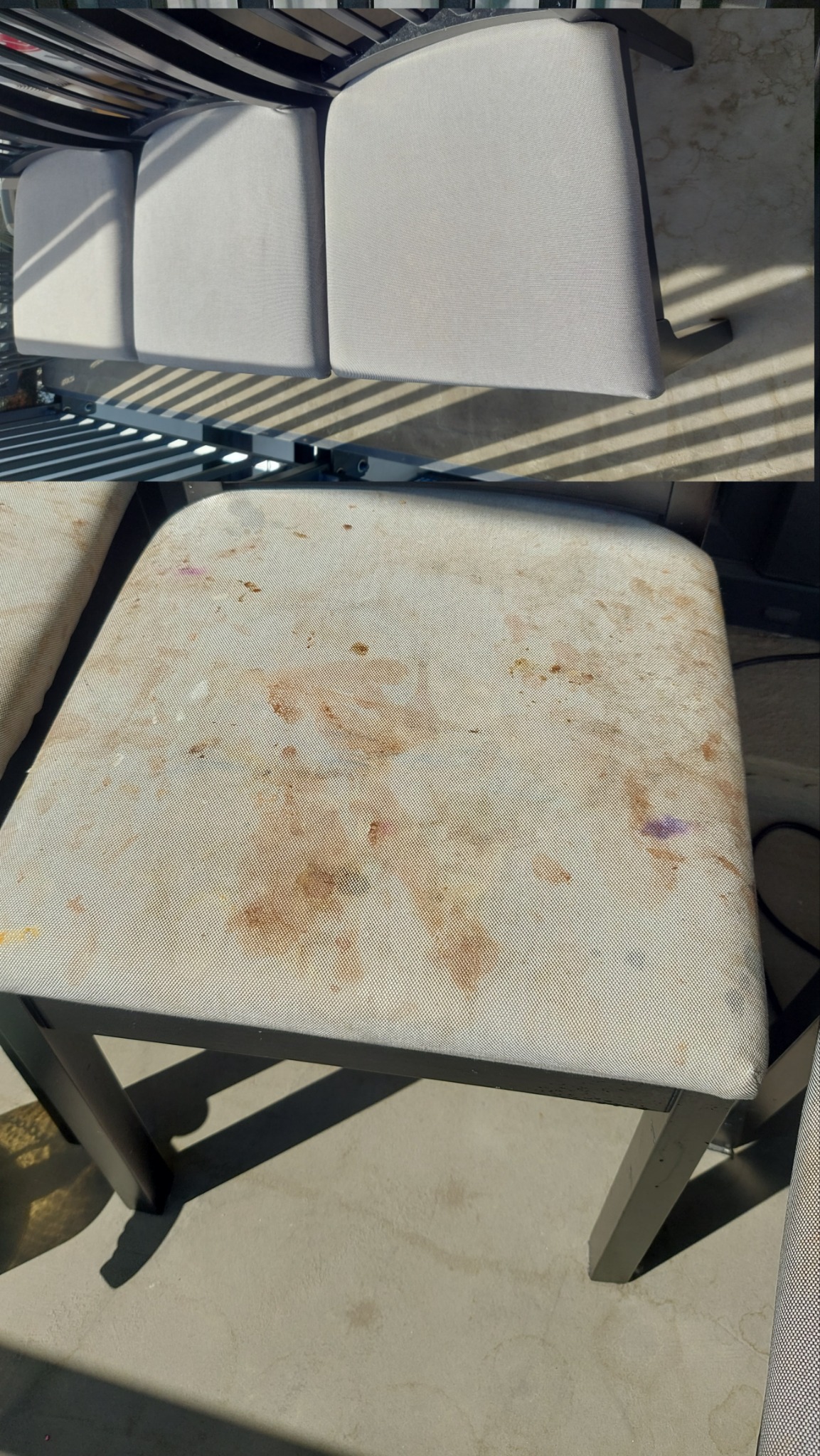 Widok z góry na brudne siedzisko krzesła z tapicerką, na tle czyste siedziska sofy ogrodowej, ukazujące kontrast przed i po czyszczeniu.