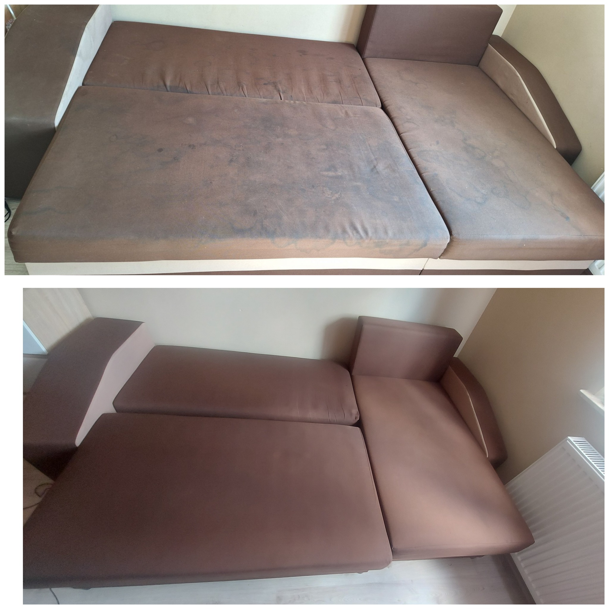 Zdjęcie przedstawia porównanie kanapy narożnej z brązową tapicerką przed i po praniu, ukazując wyraźną różnicę w czystości i odświeżeniu koloru. Górna część zdjęcia pokazuje zabrudzenia i plamy,...