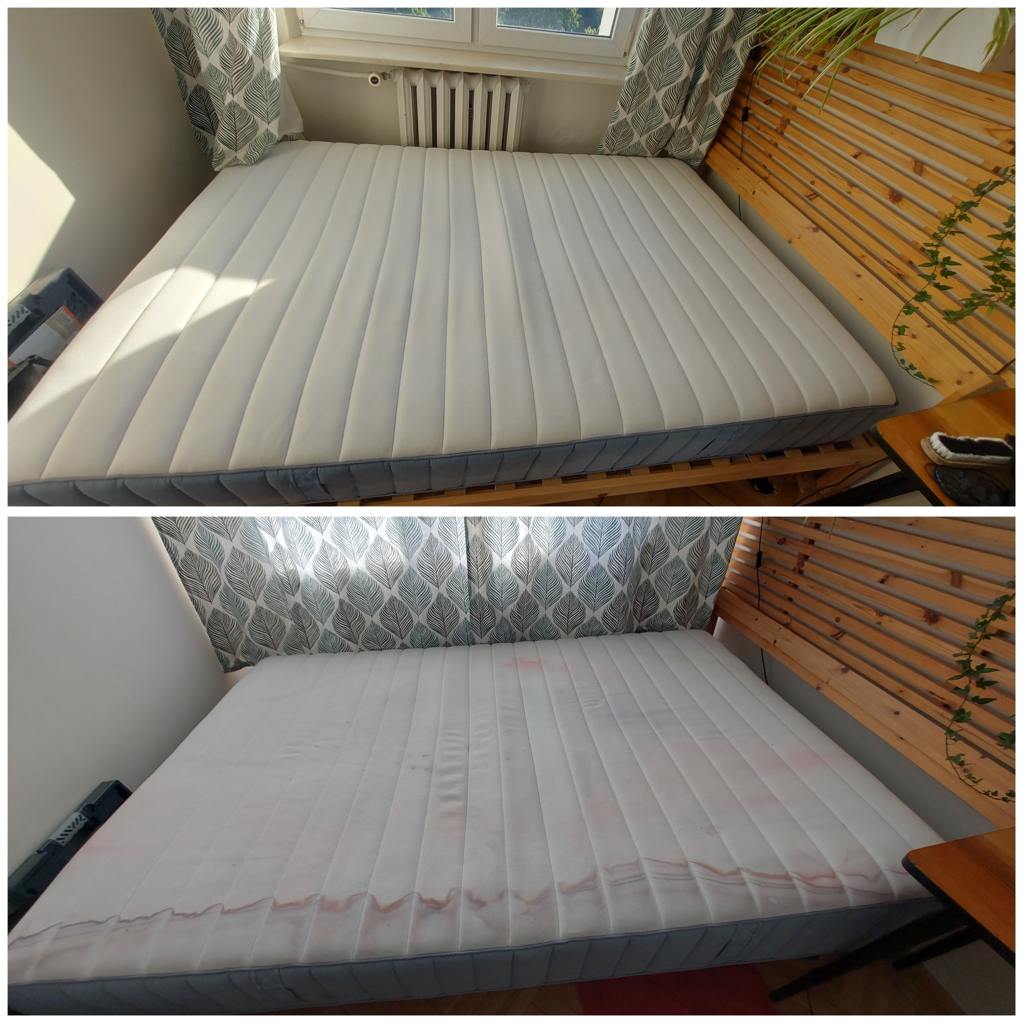 Dwuczęściowe zdjęcie przedstawia biały materac przed i po czyszczeniu, widoczne plamy usunięte po prawej stronie zdjęcia, z drewnianym zagłówkiem i zasłonami w tle.