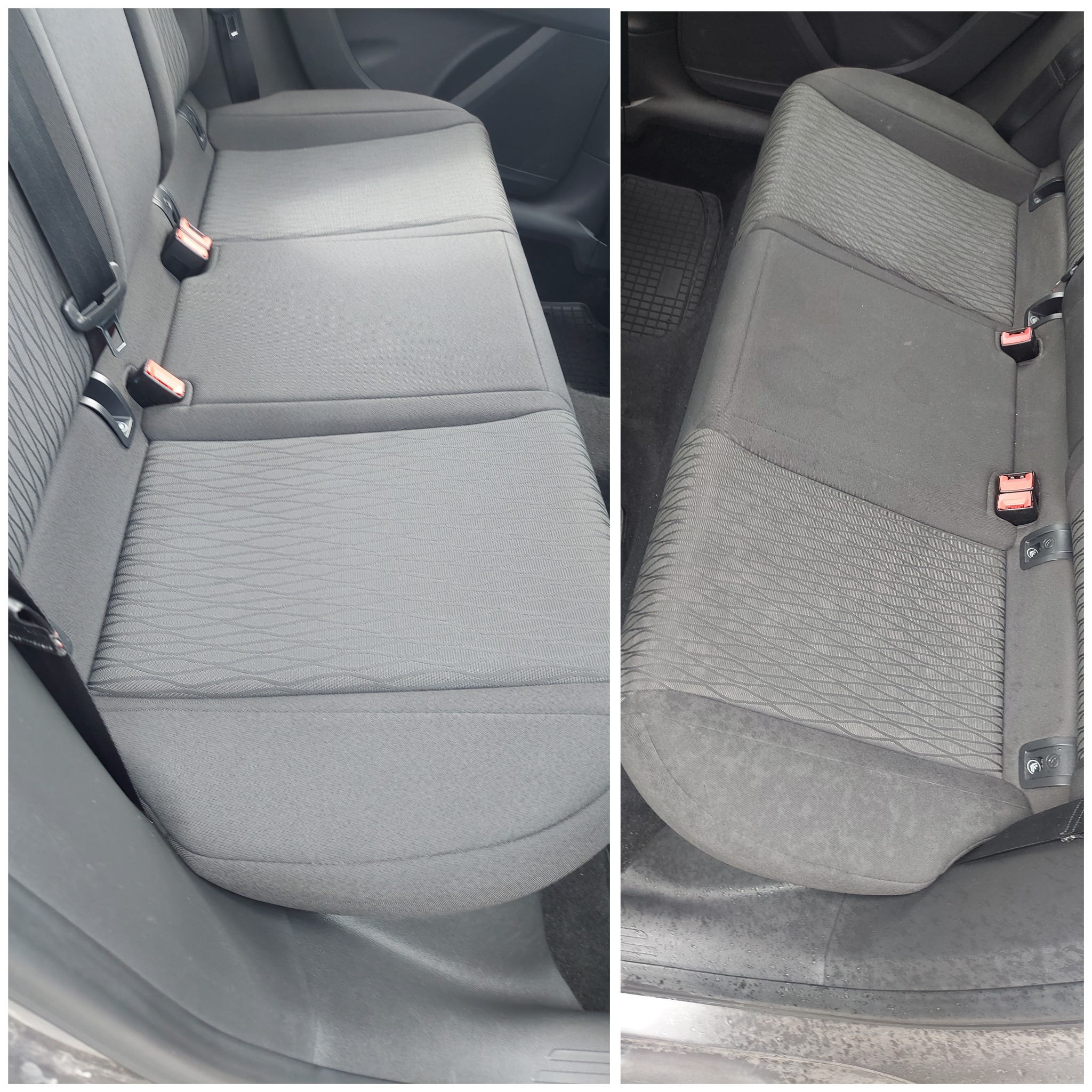 Porównanie tylnej kanapy samochodowej przed i po czyszczeniu, widoczna różnica w odcieniu i czystości tapicerki.