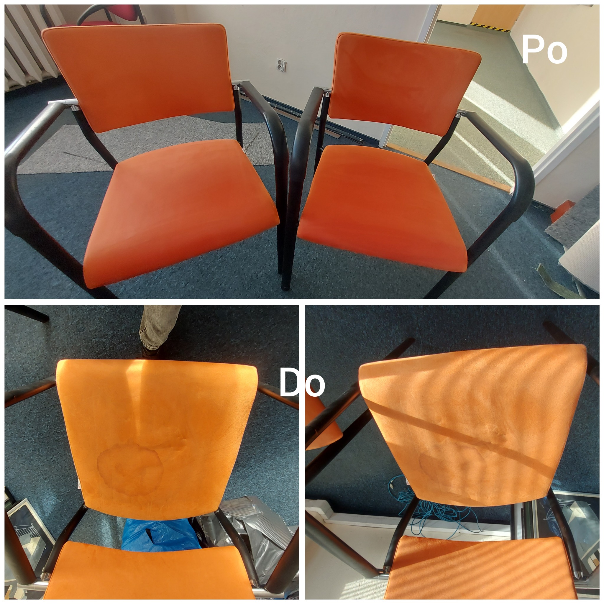 Porównanie krzeseł z pomarańczową tapicerką przed i po czyszczeniu, widoczne plamy usunięte na górnym zdjęciu.
