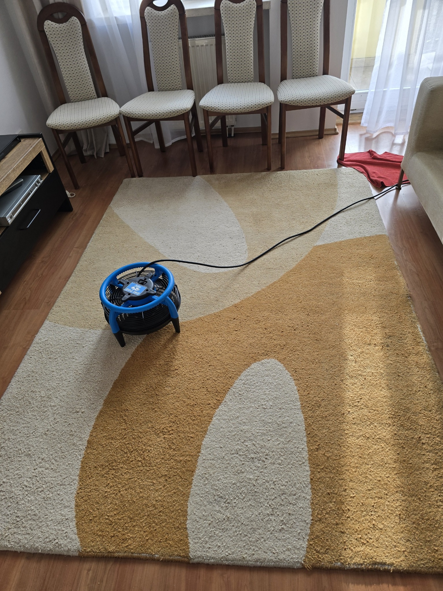 Wentylator osuszający DRI-POD stoi na beżowo-białym dywanie z geometrycznym wzorem, otoczonym przez cztery drewniane krzesła z jasnymi siedziskami, fragment sofy i szafki RTV.