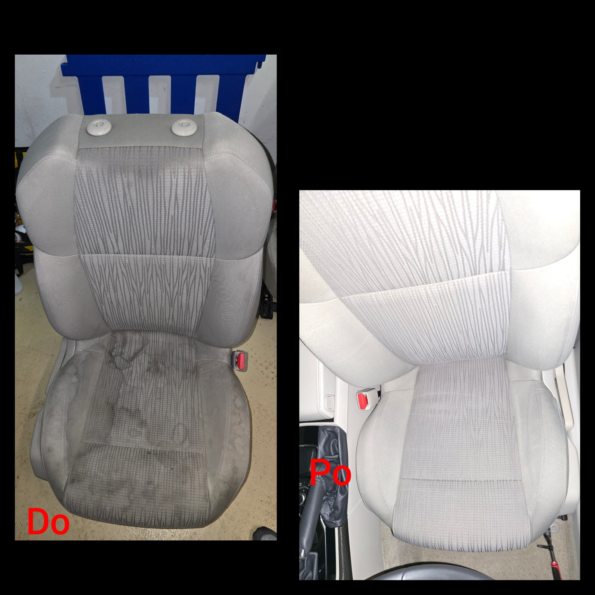 Tapicerka fotela samochodowego: widok przed i po czyszczeniu. Po lewej stronie widoczny brudny fotel, po prawej - czysty, odświeżony. Efekt usługi czyszczenia tapicerki.