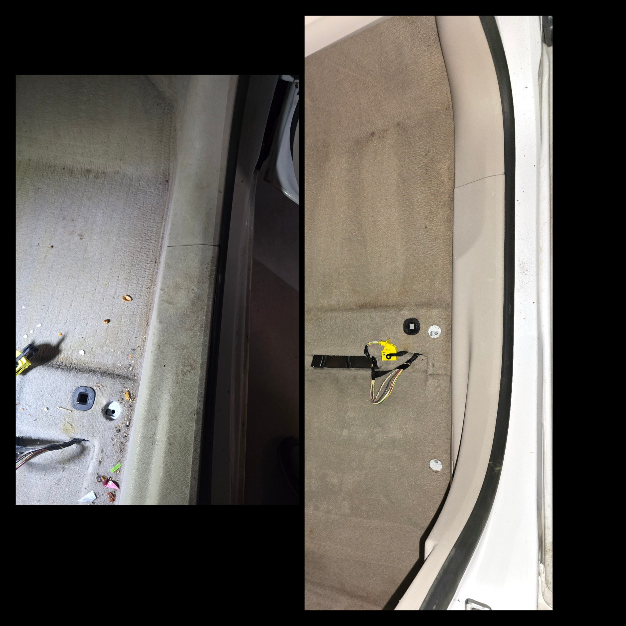 Zdjęcie 'przed i po' czyszczenia tapicerki podłogowej samochodu. Po lewej brudna, po prawej czysta tapicerka z widocznymi elementami mocowania i przewodami.