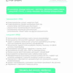 Oferta usług BHP i PPOŻ oraz szkoleń dla branży transportowej od A&W Empiria z Wojkowic. Obsługa kadrowo-płacowa, stały nadz&oacute;r, dokumentacja, instrukcje BHP.