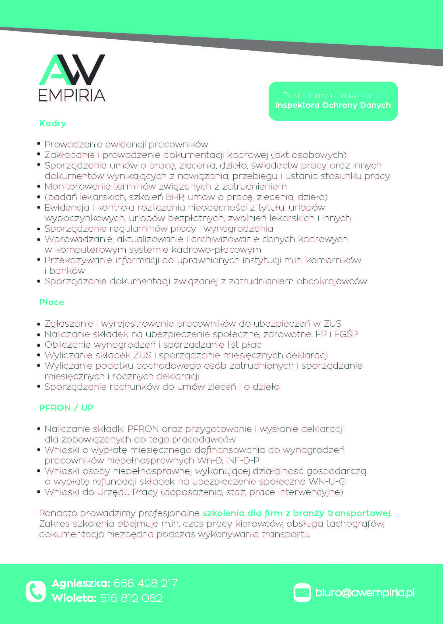 Oferta usług kadrowych firmy Empiria: prowadzenie dokumentacji, sporządzanie umów, rozliczanie płac, szkolenia BHP i inne. Kontakt telefoniczny i mailowy.