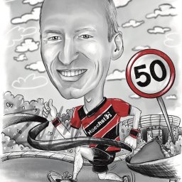 Zolart - Karykatura sportowca z Zabrza, przekraczającego linię mety z uśmiechem, obok znak z numerem 50, w tle stadion i stylizowane chmury.