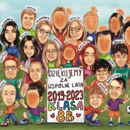 Zolart - Rysunek karykaturalny przedstawiający grupę uczniów klasy 8B z lat 2019-2023, z podpisami, trzymających transparent z podziękowaniami, na zielonym tle.