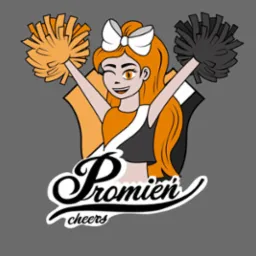 Kreskówkowa maskotka: uśmiechnięta cheerleaderka z pomponami w kolorach pomarańczowym i czarnym, w tle logo firmy 'Promień cheers'.