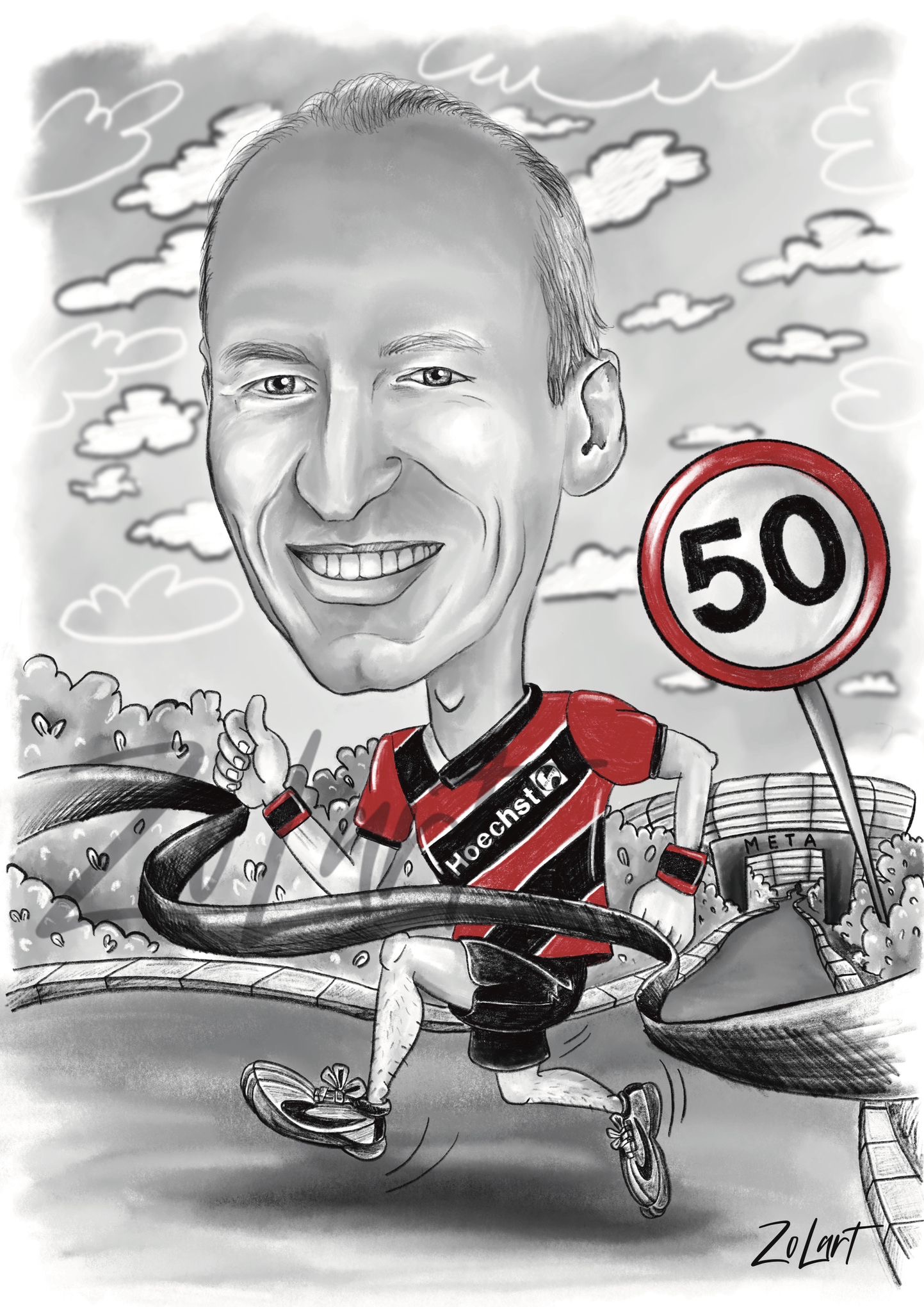 Karykatura sportowca z Zabrza, przekraczającego linię mety z uśmiechem, obok znak z numerem 50, w tle stadion i stylizowane chmury.