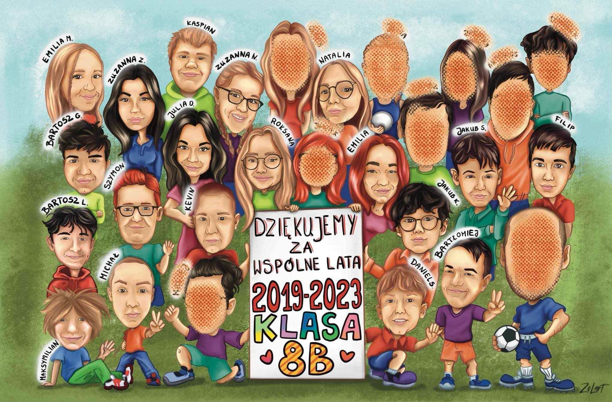 Rysunek karykaturalny przedstawiający grupę uczniów klasy 8B z lat 2019-2023, z podpisami, trzymających transparent z podziękowaniami, na zielonym tle.