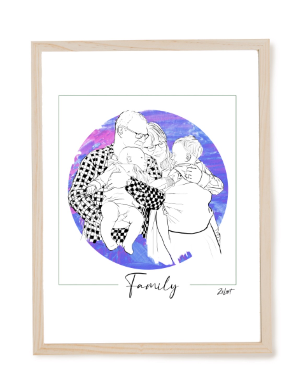 Szkic rodziny z dwójką małych dzieci na tle abstrakcyjnego, kolorowego okręgu, oprawiony w drewnianą ramkę.