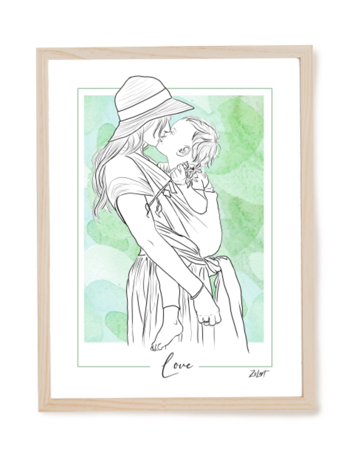 Ilustracja przedstawia matkę w kapeluszu, całującą dziecko w chuście na tle akwareli w odcieniach zieleni, oprawiona w drewnianą ramkę, z napisem 'Love' na dole.