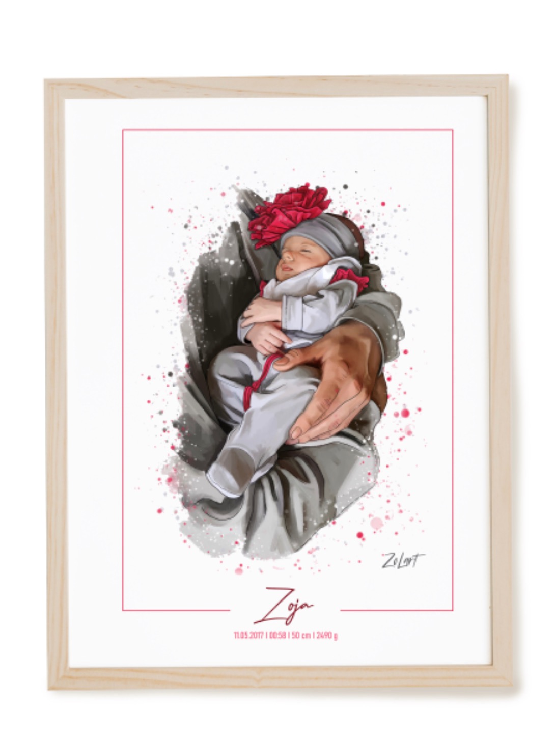 Ilustracja cyfrowa przedstawiająca noworodka w ramionach, z elementami akwareli i ramką z jasnego drewna.
