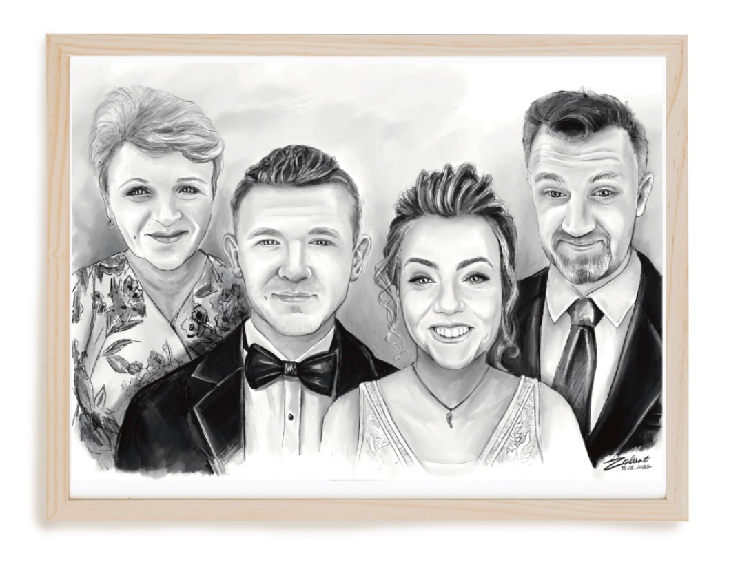 Czarno-biały portret czterech uśmiechniętych osób w ramce, wykonany techniką ołówkową z widocznym cieniowaniem, przedstawiający dwie pary, z datą i podpisem artysty w prawym dolnym rogu.