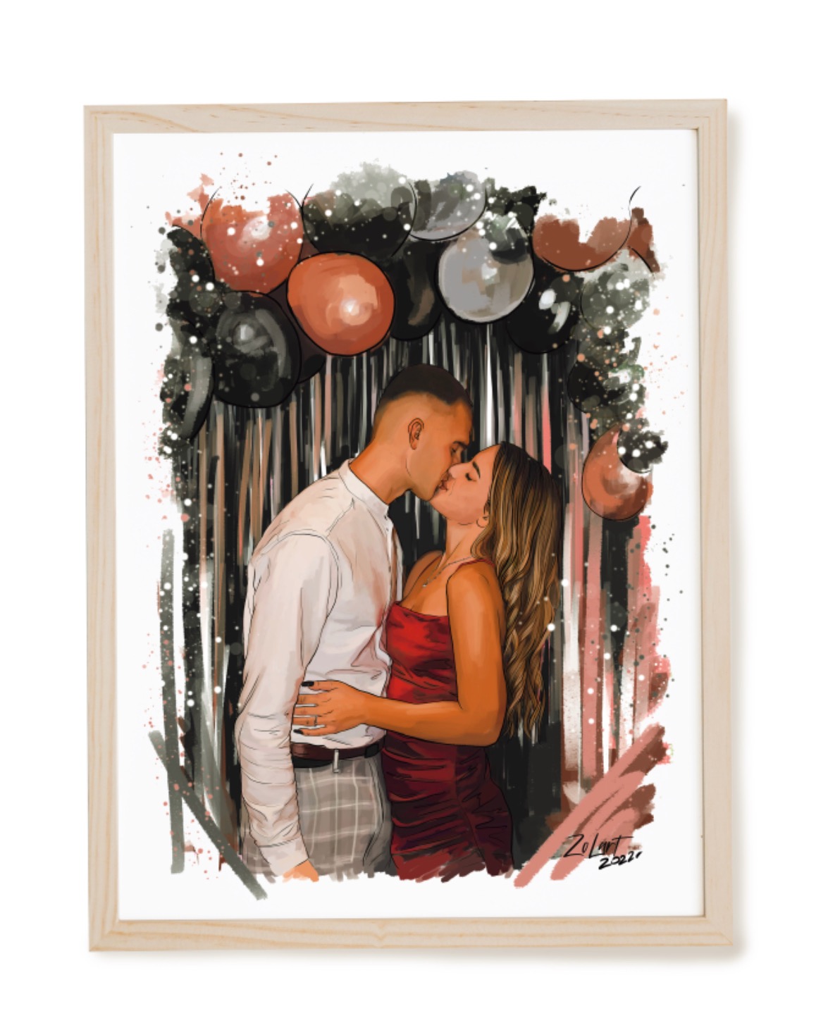 Portret cyfrowy całującej się pary w ramce, wykonany w stylu malarskim z dekoracyjnym tłem z balonów i wstążek.