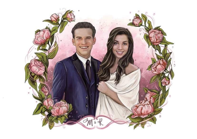 Ilustracja cyfrowa przedstawiająca portret pary młodej, otoczony wiankiem z różowych piwonii na tle w odcieniach różu i bieli, z inicjałami M&K na dole.