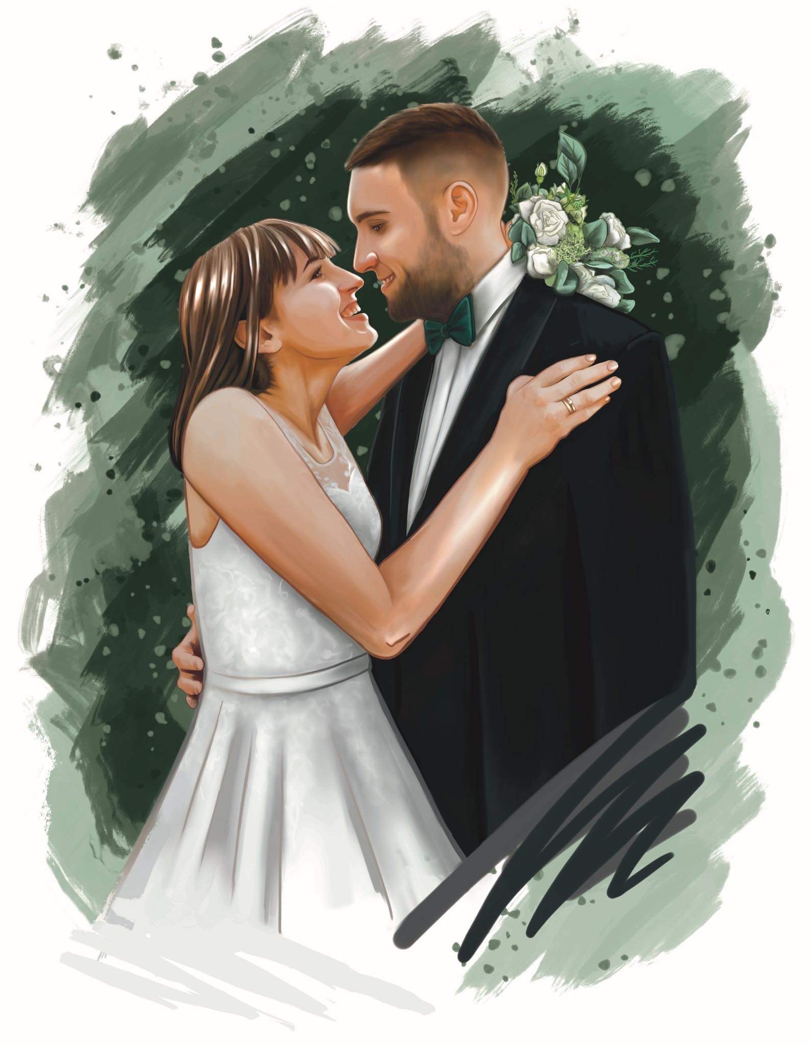 Ilustracja cyfrowa pary młodej w objęciach, on w czarnym smokingu z zieloną muszką, ona w białej sukni ślubnej, na rozmytym zielonym tle.