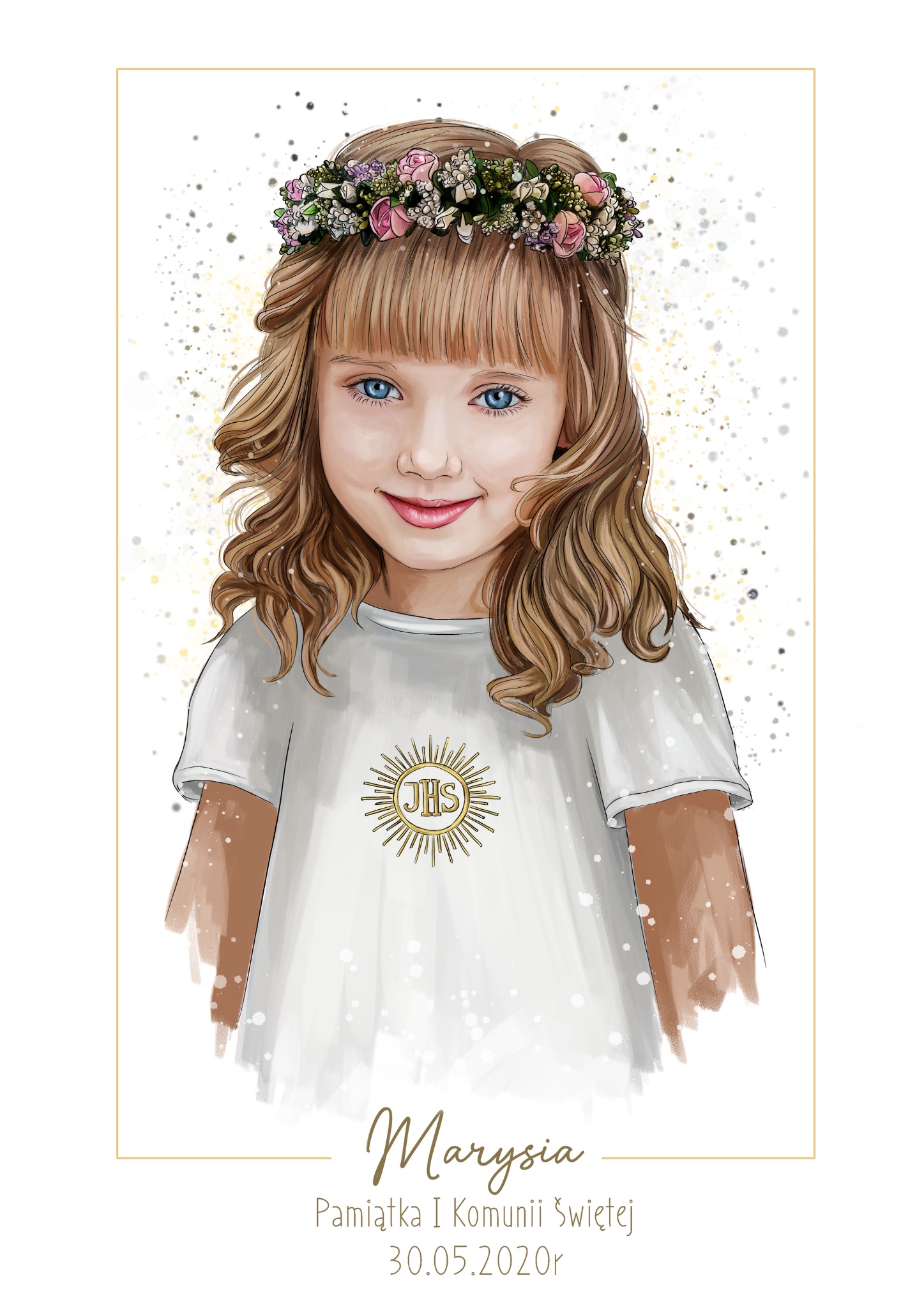Ilustracja portretowa dziewczynki w wianku, pamiątka Pierwszej Komunii Świętej z datą 30.05.2020 r., wizerunek w złotej ramce z subtelnymi plamkami farby w tle.