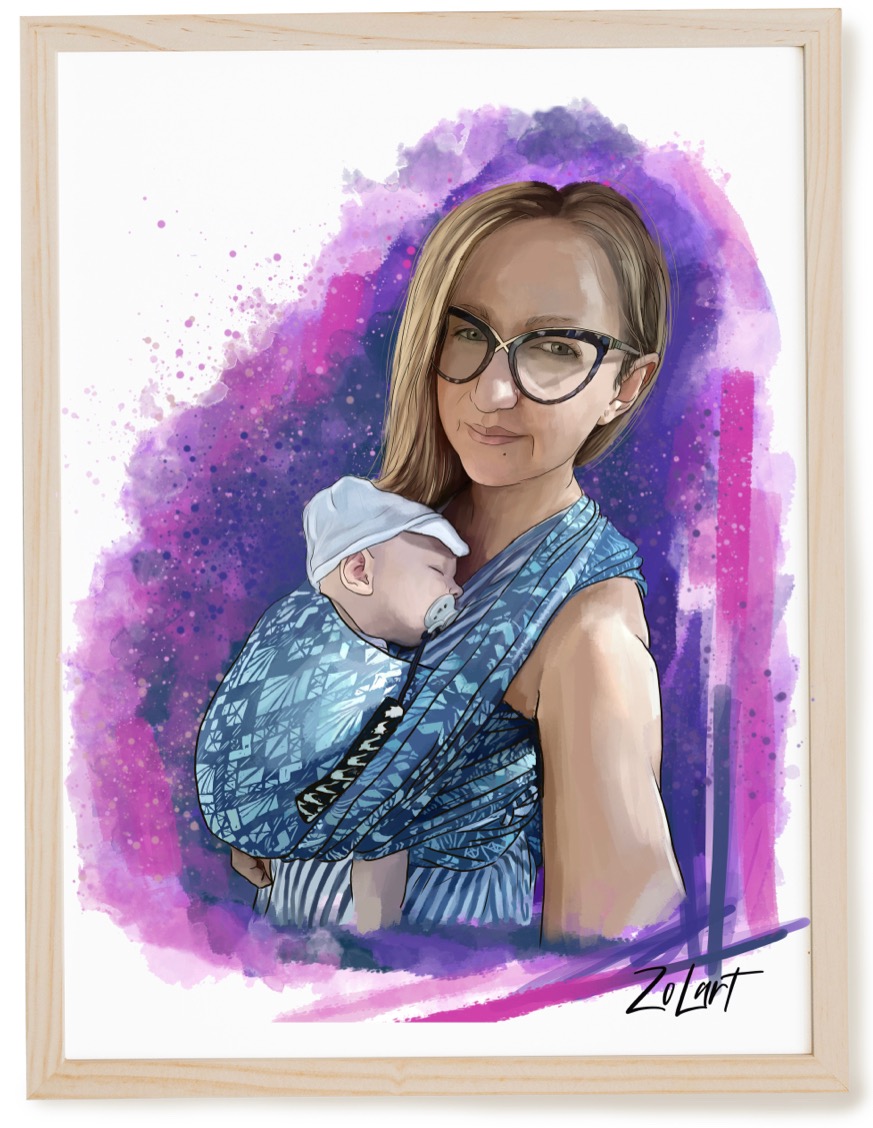 Ilustracja cyfrowa portretu kobiety z dzieckiem w chuście, z abstrakcyjnym fioletowo-różowym tłem akwarelowym, oprawiona w jasną drewnianą ramę, z sygnaturą 'ZoLart' w prawym dolnym rogu.